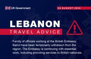 Famílias de autoridades britânicas na embaixada de Beirute ‘retiradas temporariamente’